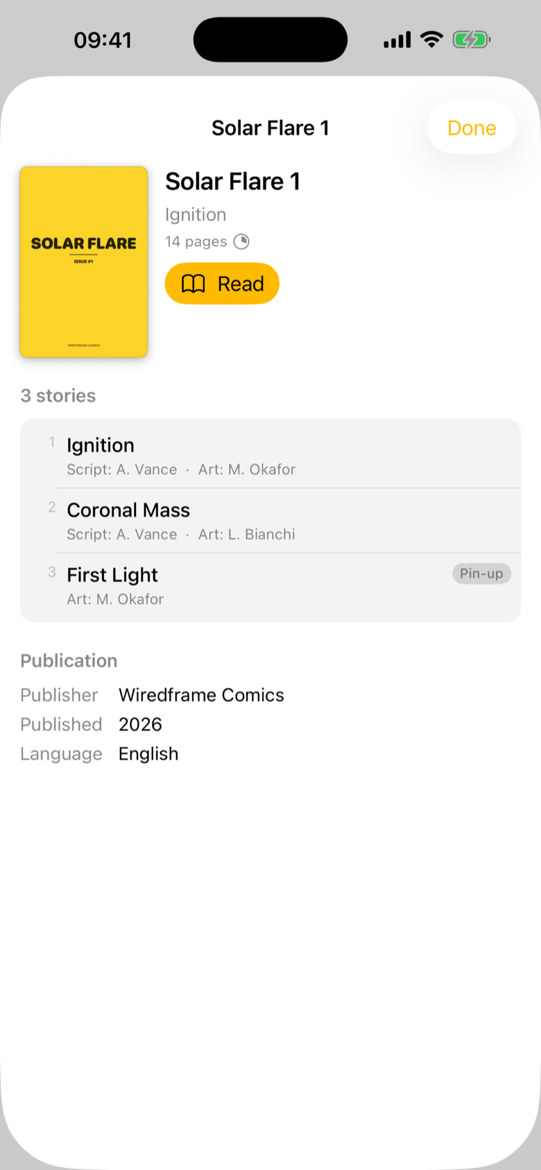 Comic detail with metadata